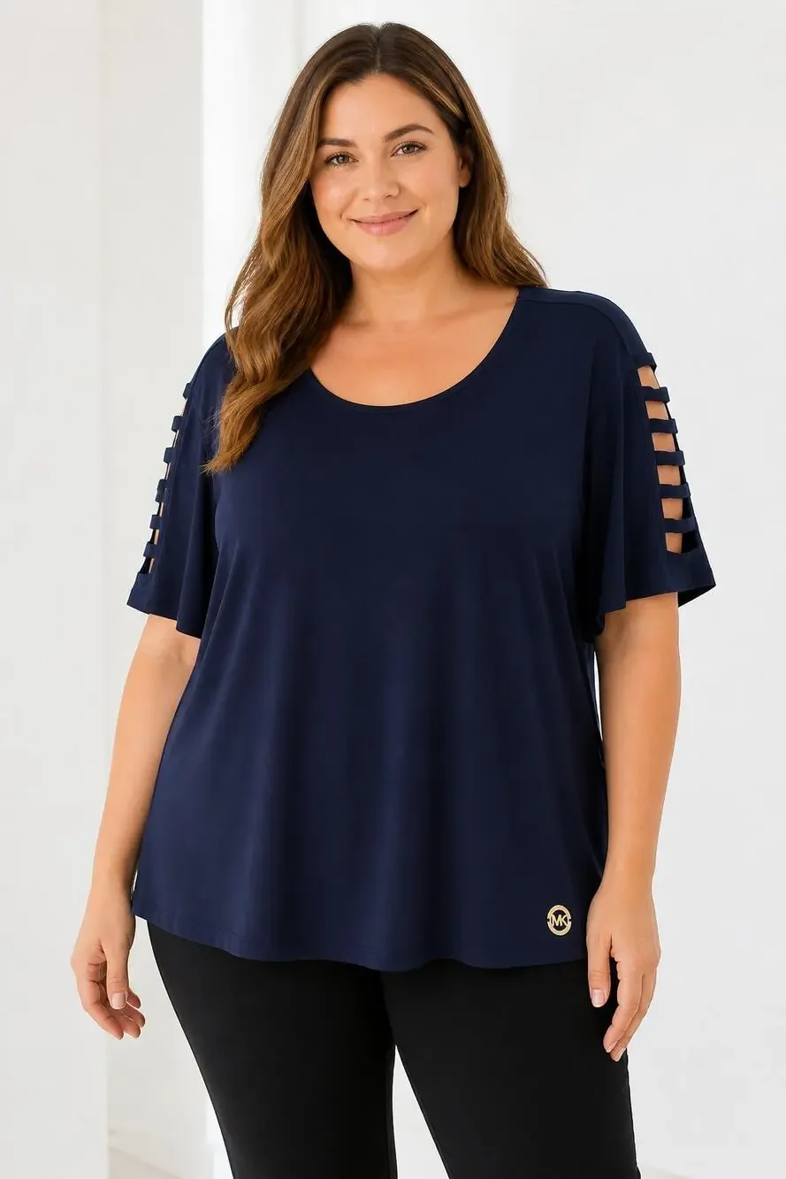 Michael Kors Navy Blue Women's 3X Cutout Sleeve Top